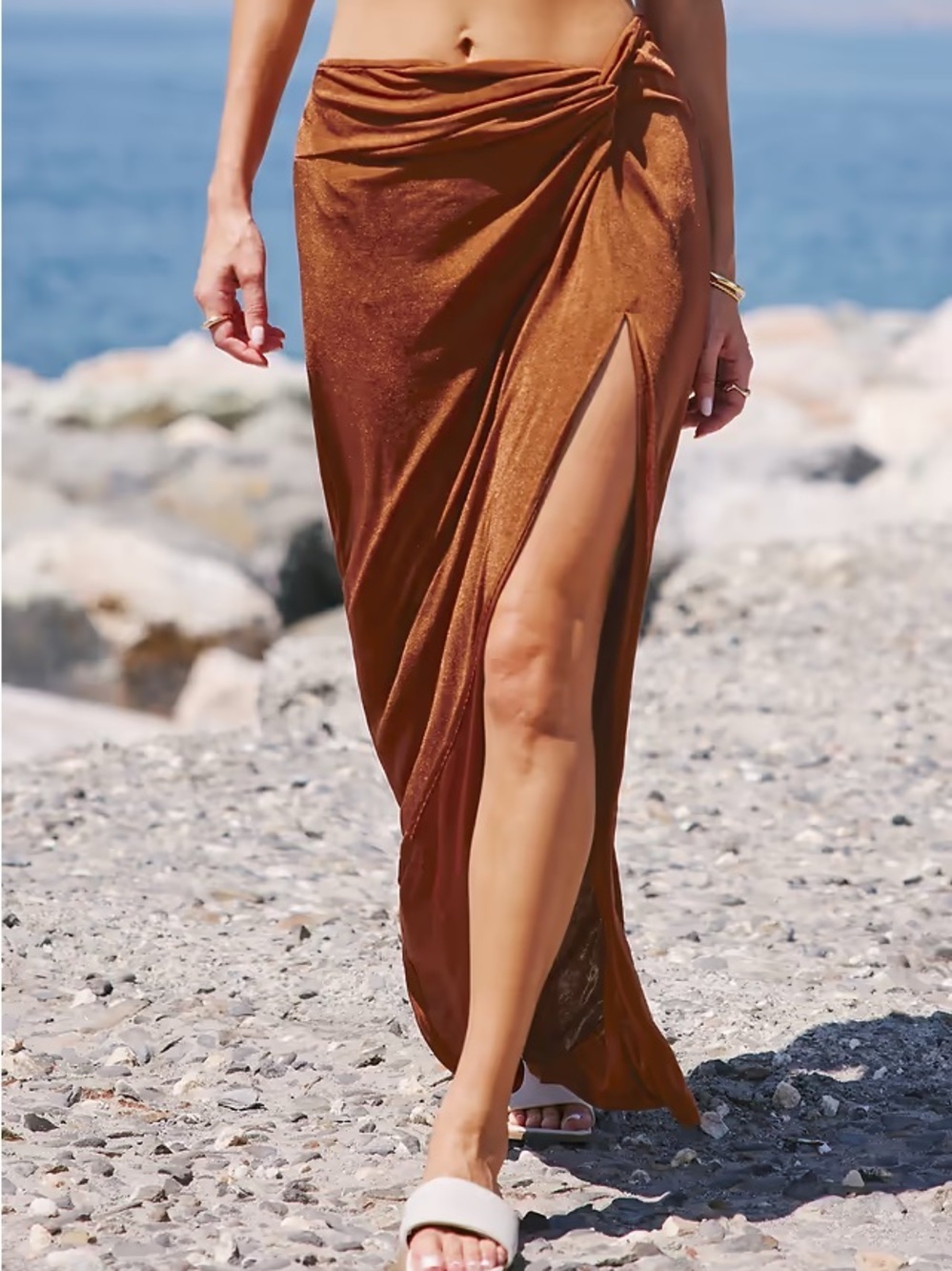 Cupshe Rust Shimmer Maxi Cover Up Skirt Ruched Beach Size M NWT